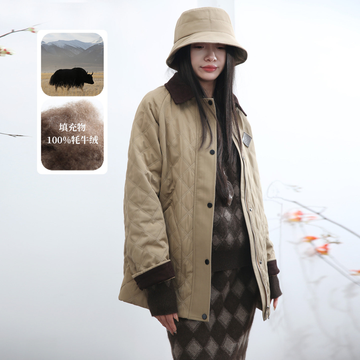 饮水鸟100牦牛绒填充复古绗缝棉服中长款外套灯芯绒比羽绒服还暖