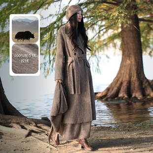 饮水鸟藏地100牦牛绒拉绒大衣女冬季加厚长款腰带宽松毛呢外套