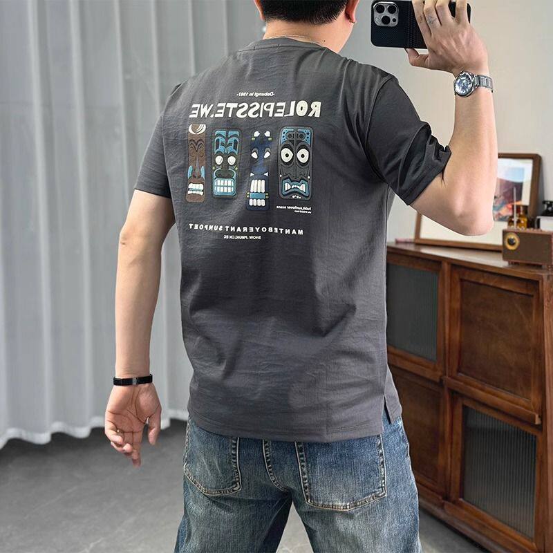 薄款棉麻短袖t恤男夏季新款刺绣印花青年修身透气凉感麻料体恤衫