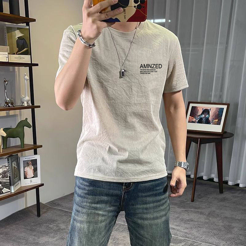 冰丝棉麻短袖素色百搭夏季新款麻料t恤修身圆领净版男士休闲半袖T