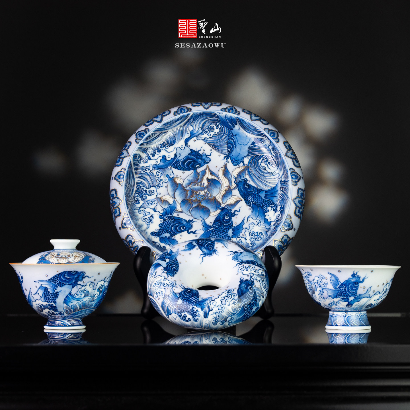 旬真堂青花粉彩紫气金银《莲佑五福》锦鲤陶瓷盖碗茶具茶杯泡茶碗