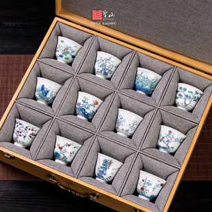 圣山X刘老师作品康熙斗彩十二花神杯套组景德镇手工仿古茶具茶杯
