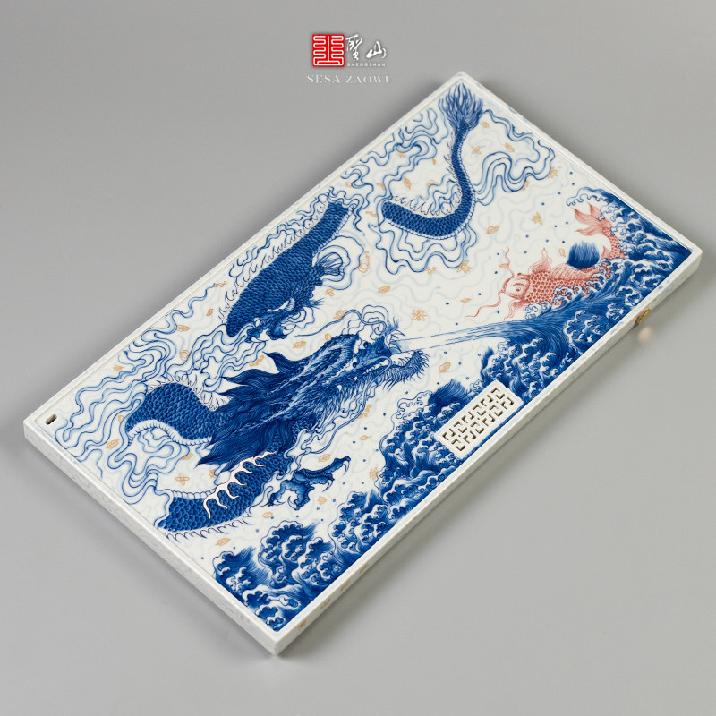 圣山景德镇仿古青花釉下红陶瓷茶盘手工仿古陶瓷茶具干湿两用茶盘