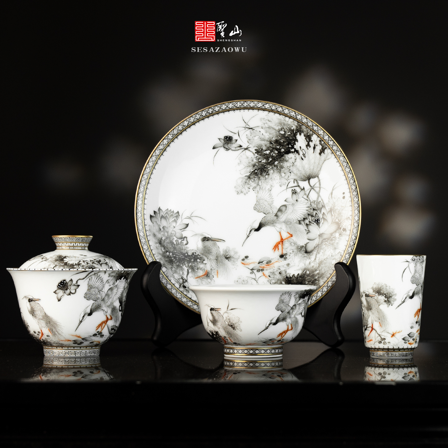 圣山墨彩《一鹭连升》手绘粉彩陶瓷盖碗景德镇手工陶瓷茶具盖碗