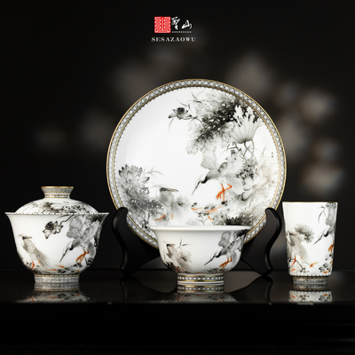 圣山墨彩《一鹭连升》手绘粉彩陶瓷盖碗景德镇手工陶瓷茶具盖碗