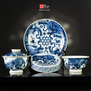 圣山仿元手绘青花双狮绣球陶瓷茶具盖碗套组景德镇手绘盖碗泡茶碗