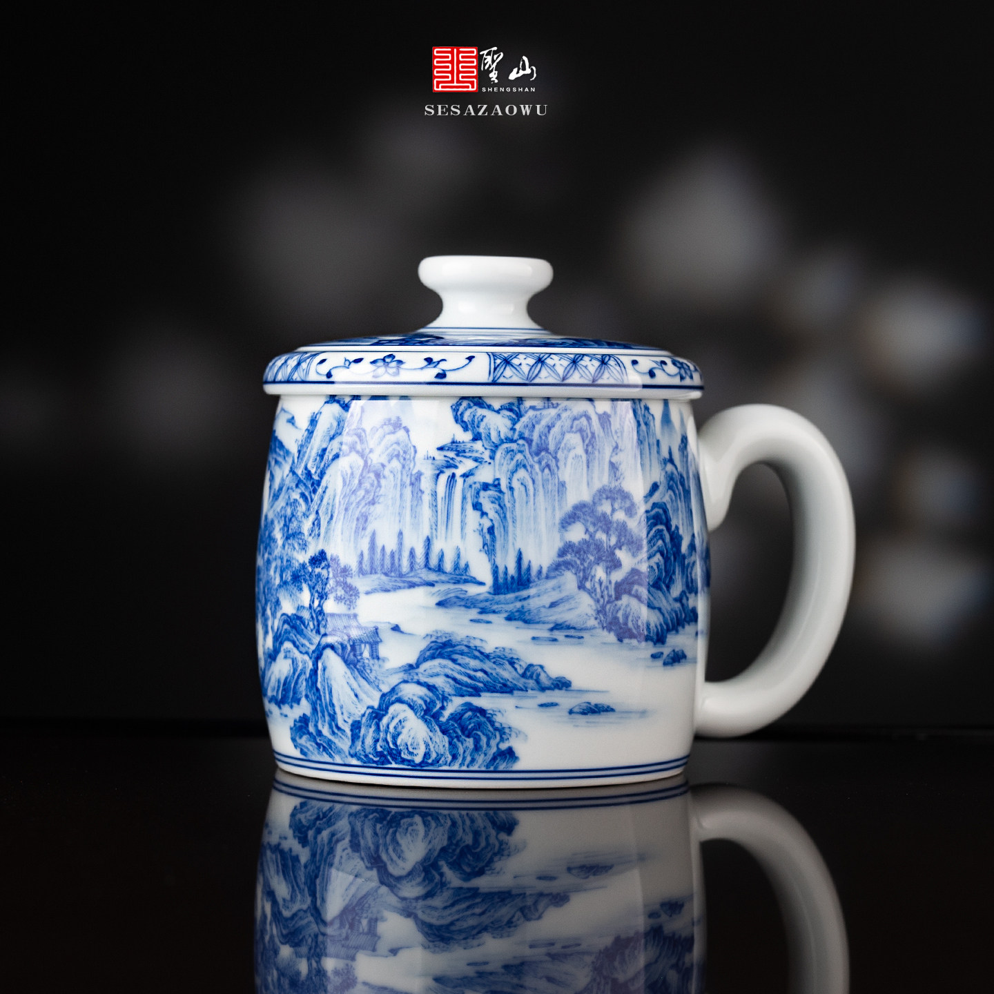 圣山景德镇手绘青花《溪山雅居》老板办公杯礼品送人喝茶陶瓷茶杯