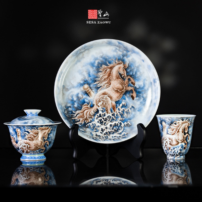 粉彩马到成功盖碗套组