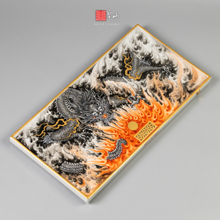 粉彩《墨龙烈焰》龙纹茶盘