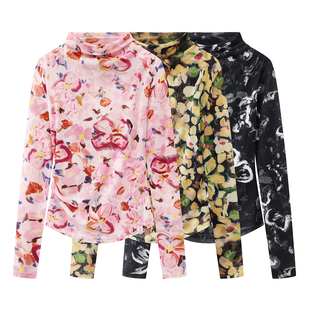 2026春季设计师款轻奢风女装印花长袖T恤女网纱上衣打底衫皮肤衣