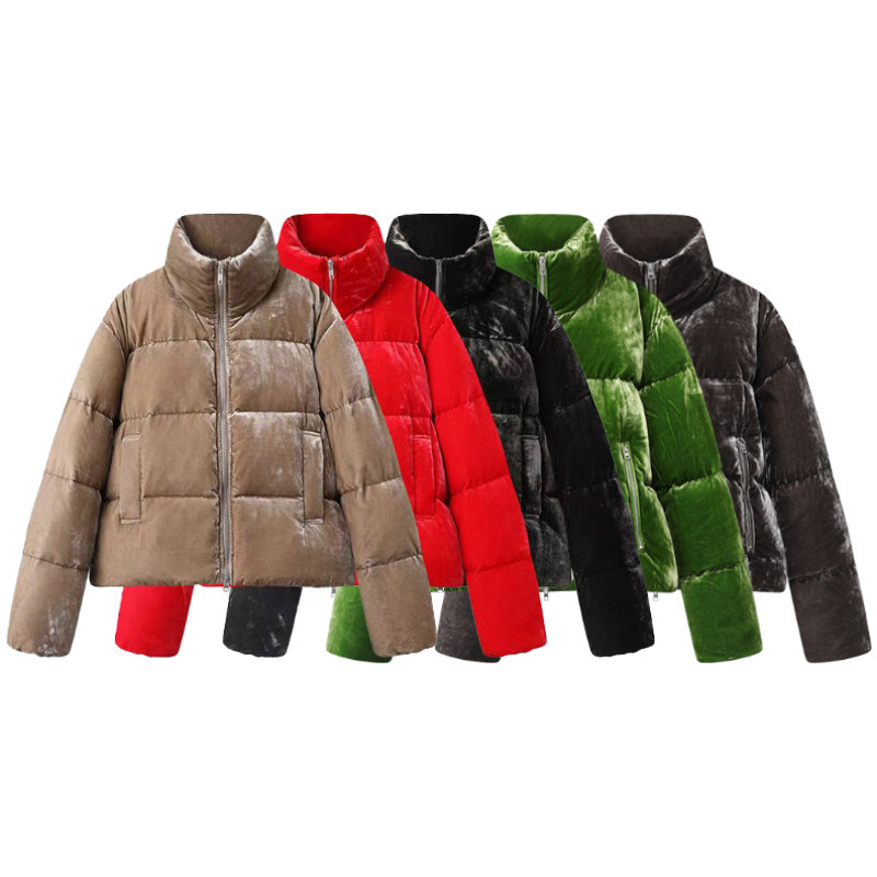 百搭宽松立领拉链短款丝绒羽绒服