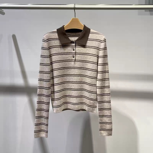 2025冬季新品轻奢风高定女装撞色条纹翻领宽松休闲百搭长袖针织衫