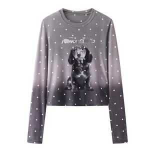2026春新款百搭可爱休闲风波点小狗印花长袖T恤内搭皮肤衣上衣女
