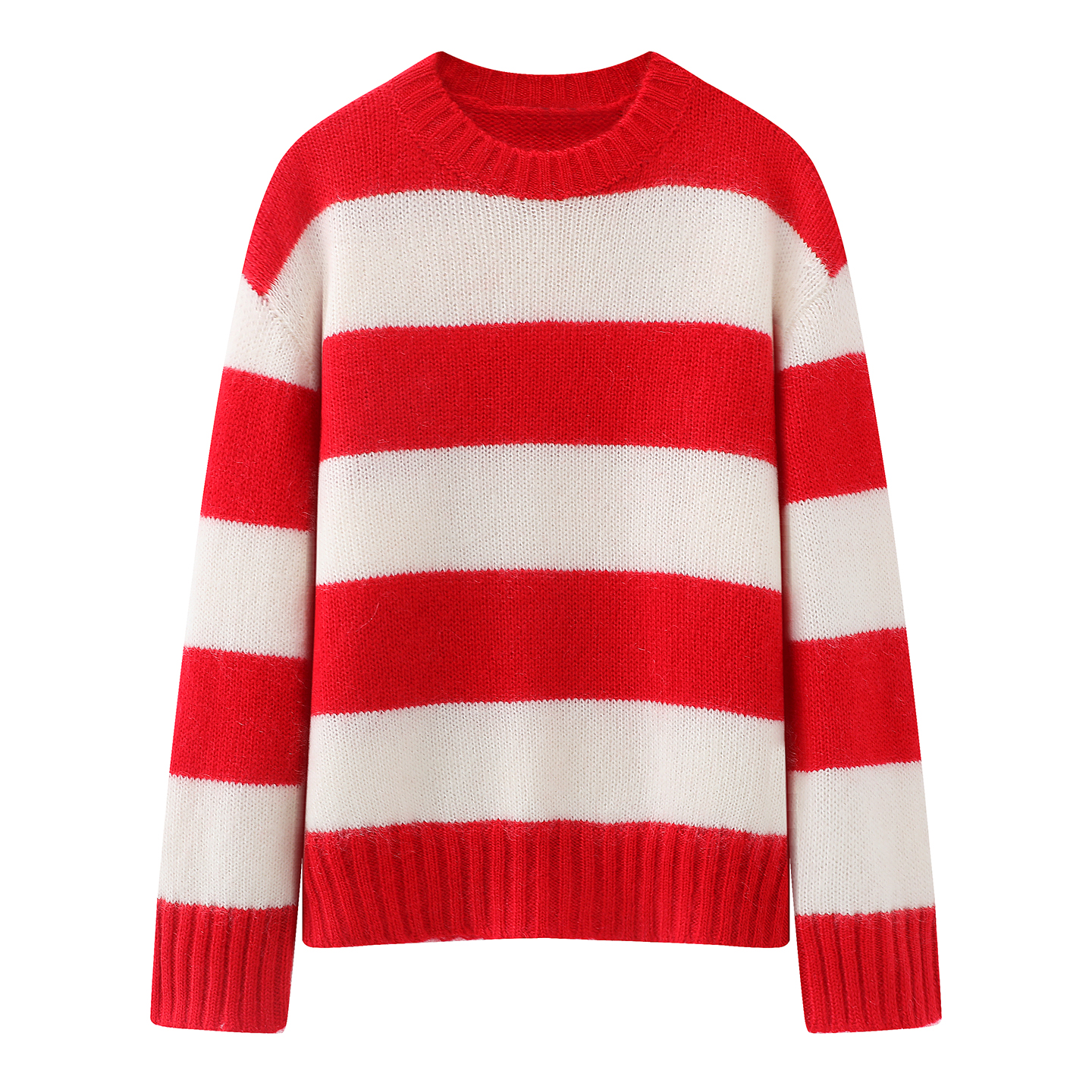 2026春季设计师款轻奢风女装百搭宽松条纹撞色圆领长袖针织衫毛衣