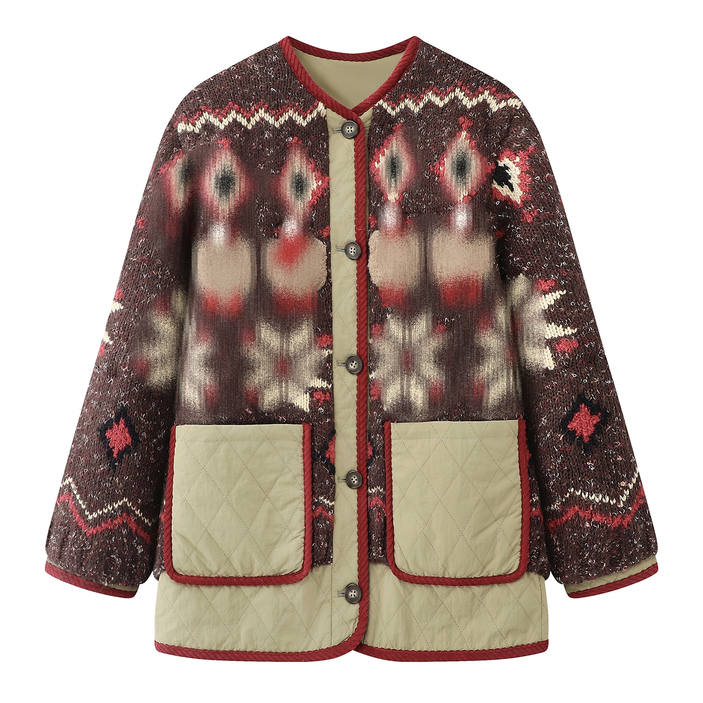 2025冬季设计师款轻奢百搭宽松卡通提花毛织拼接棉服保暖外套棉衣