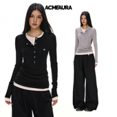 ACMEAURA美式 T恤女秋冬内搭上衣打底衫 亨利领修身 针织假两件长袖