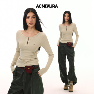 复古V领修身 内搭上衣打底衫 长袖 新款 女 t恤女2025秋季 ACMEAURA美式