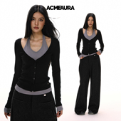 ACMEAURA高级感挂脖长袖 T恤女秋2025新款 超好看撞色假两件上衣女