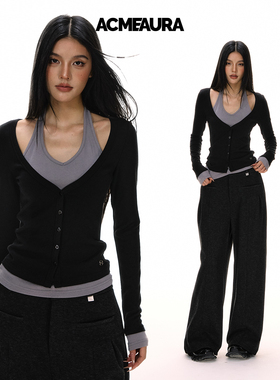ACMEAURA高级感挂脖长袖T恤女秋2025新款超好看撞色假两件上衣女