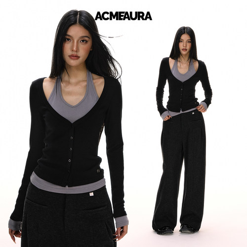 ACMEAURA高级感挂脖长袖T恤女秋2025新款超好看撞色假两件上衣女