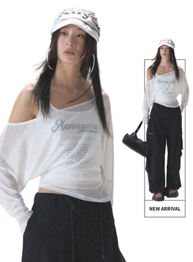 防晒罩衫罩衫薄纱上衣网纱上衣2025新款斜肩上衣露肩上衣白色上衣