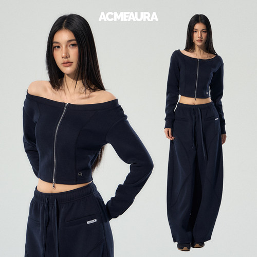 ACMEAURA藏蓝色卫衣女2025新款巨好看的早秋一字领拉链卫衣外套女