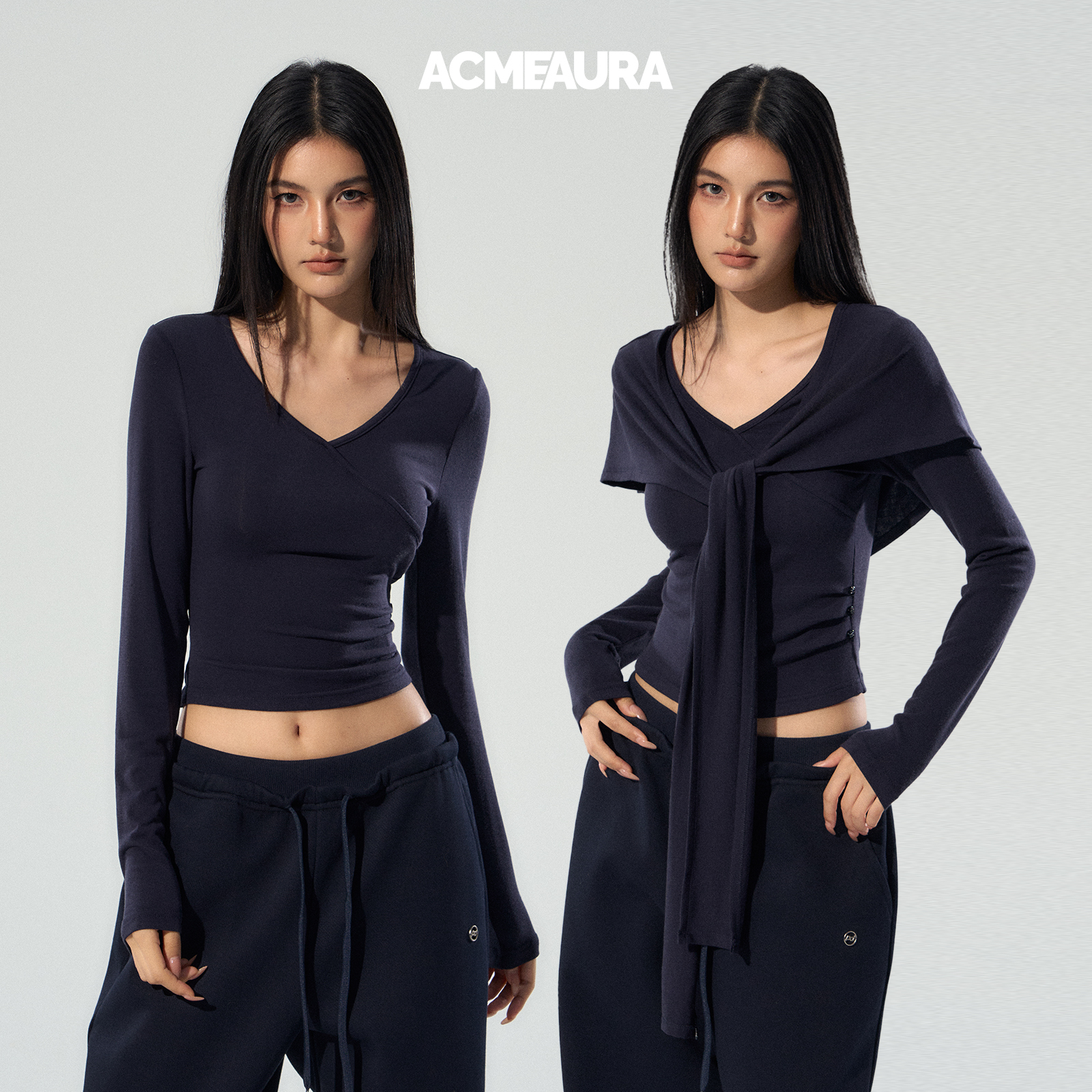 ACMEAURA藏蓝色披肩上衣两件套女秋单穿正肩打底上衣内搭短款T恤