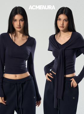 ACMEAURA藏蓝色披肩上衣两件套女秋单穿正肩打底上衣内搭短款T恤