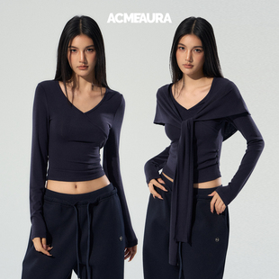 ACMEAURA藏蓝色披肩上衣两件套女秋单穿正肩打底上衣内搭短款 T恤
