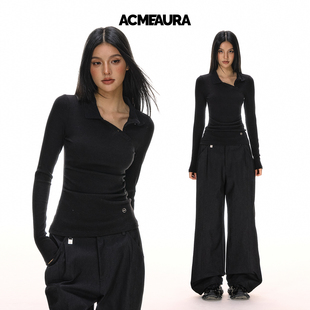 翻领长袖 女修身 上衣 不规则系扣高领针织打底衫 ACMEAURA秋冬新款
