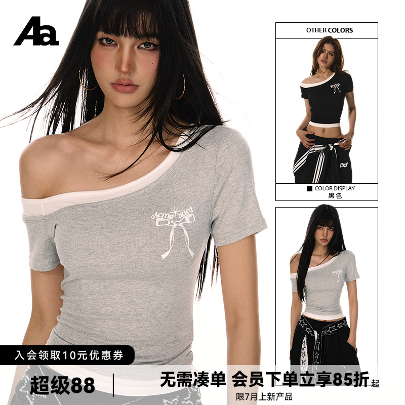 ACMEAURA蝴蝶结假两件斜肩T恤
