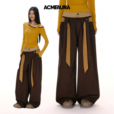 ACMEAURA美式复古撞色阔腿裤女2025秋冬新款百搭街头宽松休闲裤子