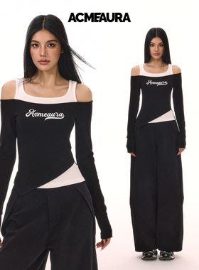 ACMEAURA美式复古甜辣妹斜肩长袖T恤女秋冬季收腰显瘦露肩上衣女