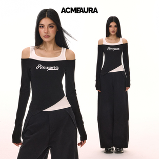 收腰显瘦露肩上衣女 T恤女秋冬季 ACMEAURA美式 复古甜辣妹斜肩长袖