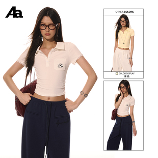上衣 T恤女夏腰部抽褶短袖 ACMEAURA袖 口蕾丝拼接polo领刺绣短款