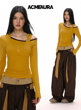 ACMEAURA美式复古假两件长袖T恤女秋冬不对称修身内搭打底上衣女