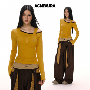 内搭打底上衣女 T恤女秋冬不对称修身 ACMEAURA美式 复古假两件长袖