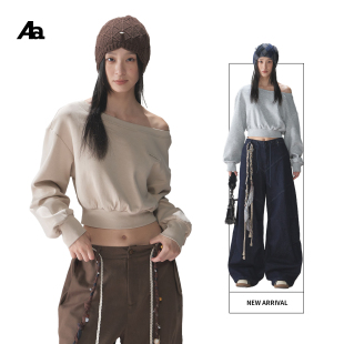 上衣 卫衣女早秋慵懒风收腰显瘦露肩短款 ACMEAURA美式 复古斜肩长袖