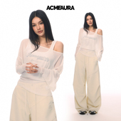 薄纱上衣网纱上衣2025新款 防晒罩衫 罩衫 斜肩上衣露肩上衣白色上衣