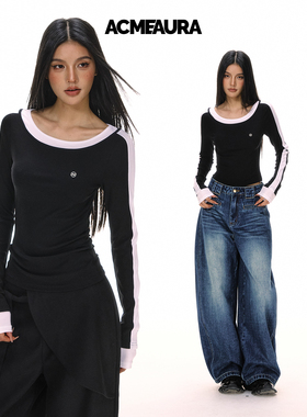 ACMEAURA黑色圆领修身设计感长袖长袖T恤女巨好看内搭打底衫上衣
