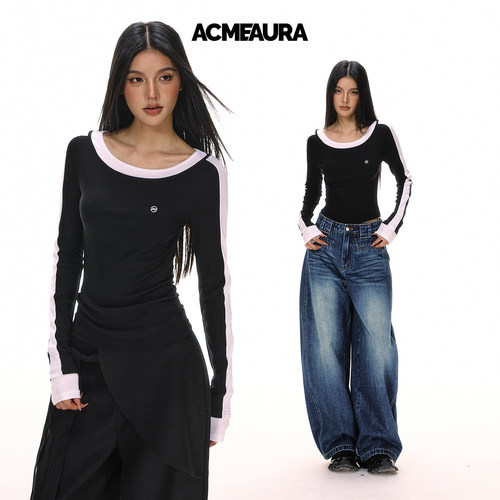 ACMEAURA黑色圆领修身设计感长袖长袖T恤女巨好看内搭打底衫上衣