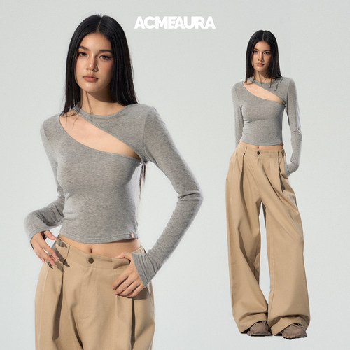 ACMEAURA上衣女2025新款独特漂亮早秋上衣女灰色可拆卸露肩长袖女