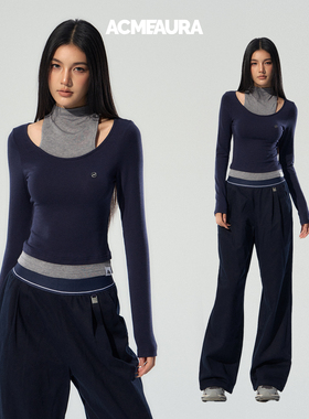 ACMEAURA长袖上衣女藏蓝色假两件上衣女2025新款巨好看的早秋上衣