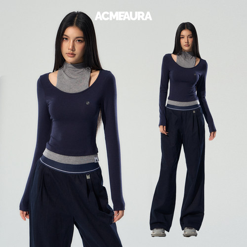 ACMEAURA长袖上衣女藏蓝色假两件上衣女2025新款巨好看的早秋上衣