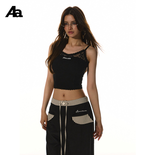 ACMEAURA美式 显瘦美背上衣吊带背心 复古领口蕾丝拼接字母刺绣修身