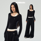 漂亮上衣女2025新款 修身 短款 ACMEAURA予曦同款 黑色长袖 假两件上衣