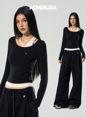 ACMEAURA予曦同款漂亮上衣女2025新款修身短款黑色长袖假两件上衣
