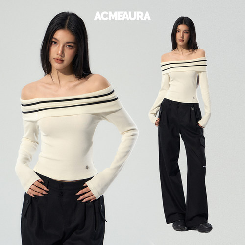 ACMEAURA上衣女早秋巨好看的上衣女2025新款一字肩长袖米白色上衣