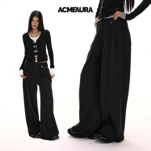 ACMEAURA慵懒风垂感黑灰色休闲裤女秋季百搭阔腿裤一字袋直筒长裤