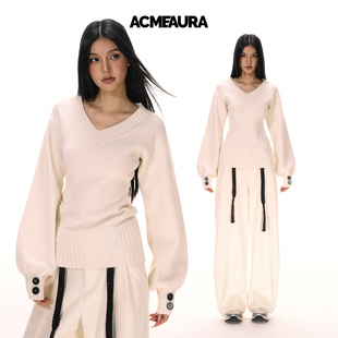 ACMEAURA秋冬慵懒风V领长袖 松弛感针织上衣女 毛衣女宽松百搭修身